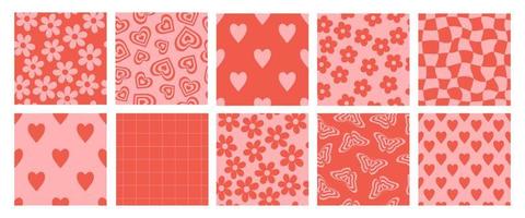 Set of groovy lovely seamless patterns. Love concept. Happy Valentines day. Fun background and texture in trendy retro 60s 70s cartoon style. vector