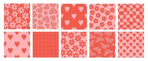 Set of groovy lovely seamless patterns. Love concept. Happy Valentines day. Fun background and texture in trendy retro 60s 70s cartoon style. vector