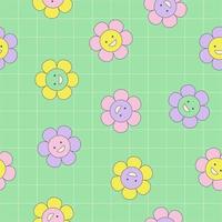 Y2k seamless pattern with daisy, mesh, smile. Vector background in trendy retro trippy 2000s style. Lilac, pink, yellow and green color. Funny cute texture for surface design.