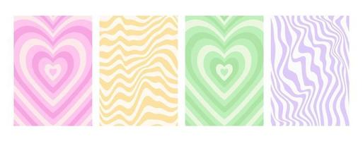 Y2k backgrounds. Waves, swirl, twirl pattern. Vector posters with heart, lines. Twisted and distorted texture in trendy retro 2000s style.