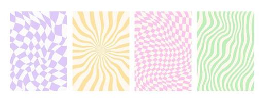 Y2k backgrounds. Waves, swirl, twirl pattern. Vector posters with chessboard, lines. Twisted and distorted texture in trendy retro 2000s style.