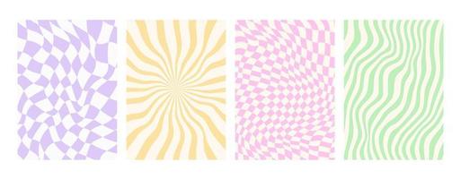 Y2k backgrounds. Waves, swirl, twirl pattern. Vector posters with chessboard, lines. Twisted and distorted texture in trendy retro 2000s style.