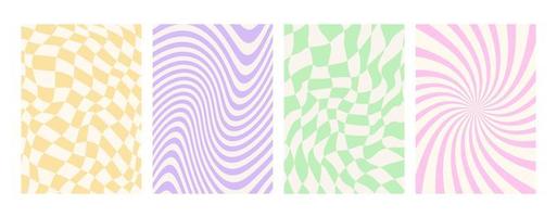 Y2k backgrounds. Waves, swirl, twirl pattern. Vector posters with chessboard, lines. Twisted and distorted texture in trendy retro 2000s style.