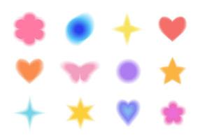 Y2k style blurred gradient shapes set. Blurry flower, heart, butterfly, star, aura aesthetic elements. Modern minimalist design element with blur gradients. vector