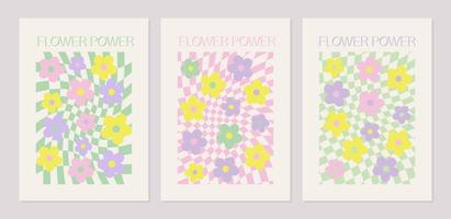 Abstract Y2K backgrounds set with groovy daisy flowers. Vector posters in trendy retro psychedelic 2000s style. Lilac, pink, yellow and green color.