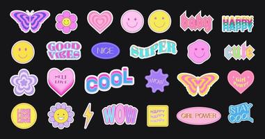 Y2k sticker set. Butterfly, heart, daisy, flower in the trendy psychedelic style of the 90s, 2000s. Collection of cool trendy patches. vector