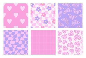 Y2k seamless patterns with butterfly, daisy, chess, mesh, heart. Set of vector backgrounds in trendy retro trippy 2000s style. Lilac, pink color. Funny girly cute texture.