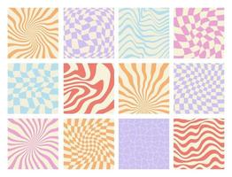 Groovy Y2K backgrounds collection. Checkerboard, chessboard, mesh, waves patterns. Twisted and distorted vector texture in trendy retro psychedelic style.