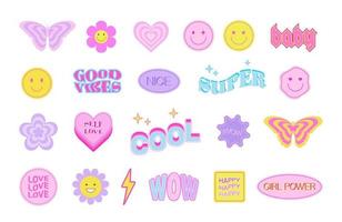 Set of cool cute stickers Y2k style. Butterfly, smile, heart, daisy, flower, abstract geometric shape in trendy 90s, 00s psychedelic style. Trendy girl patches collection. vector