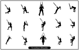 Silhouettes of men and women doing TRX exercises with ropes isolated on white background. vector