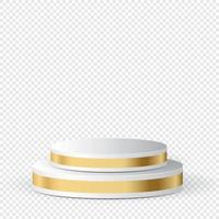 Realistic white blank product podium scene. Pedestal with golden line. Podium for advertising. Stand for cosmetic products. Podium for products. Vector illustration