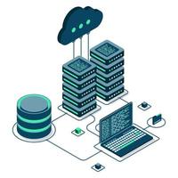 concepto de computación de tecnología en la nube. tecnología de nube moderna. concepto isométrico del centro de datos. tecnología de nube isométrica con centro de datos. concepto de alojamiento web. ilustración vectorial vector