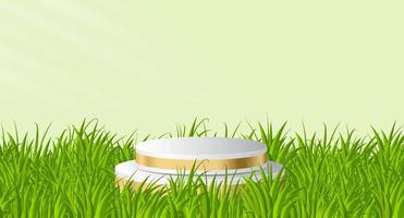 Cylinder golden podium in green background with grass. 3D stage podium display product. Gold podium in the green grass. Vector illustration