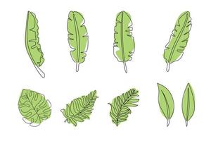 conjunto de hojas florales tropicales dibujadas en una línea. ilustración vectorial aislado sobre fondo blanco. dibujando una línea continua. estilo de línea vector