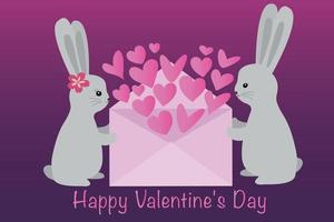 Cute rabbits are holding an envelope with hearts. Love concept. Vector illustration isolated on pink background