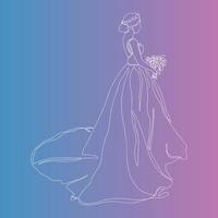 The bride holding the bouquet draws a continuous line.The silhouette of the bride in one line, side view, dressed in a wedding dress. vector