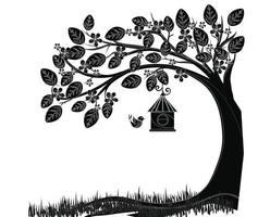 Tree vector art with bird house landscape