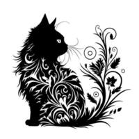 Ornamental cute sitting cat. Decorative illustration for logo, emblem, tattoo, embroidery, laser cutting, sublimation. vector