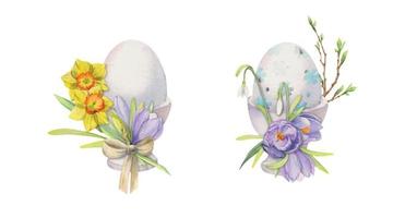 Watercolor hand drawn Easter celebration clipart. Painted eggs in porcelain cups with leaves, flowers, pastel color Isolated on white background. For invitations, gifts, greeting cards, print, textile vector