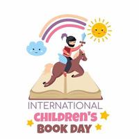 Knight on horseback. Rainbow, sun and cloud.  Magical country. International Children's Book Day. Banner. Vector illustration in cartoon style. Boy and horse.
