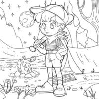 Children coloring book scout boy camping in the forest vector