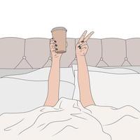 Free vector drinking coffee on the bed with happy hands and just getting up late