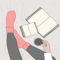 Free vector drinking coffee on bed with books and socks cozy atmosphere