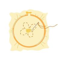 Embroidery hoop with stitched flower ornament. Needlework, handicraft. vector