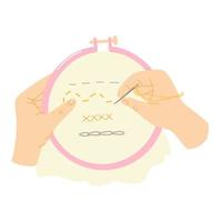 Embroidery hoop with hands embroidering stitches on canva. Vector hand drawn illustration. Isolated on white.