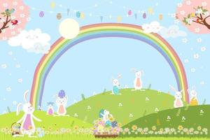 fondo de Pascua, campo de primavera con arco iris, conejito cazando huevos de Pascua, conejos de dibujos animados lindos vectoriales jugando en el campo de hierba verde. banner de primavera o verano con espacio de copia para la tarjeta de felicitación de pascua vector