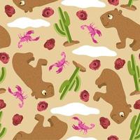 Vector cute seamless pattern with capybaras, cactuses, scorpions, roses and clouds on light beige background.