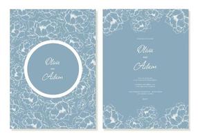 Wedding invitation template with peony flowers in outline on a soft blue background. Rsvp card design template. Vector. vector