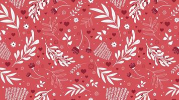 Red background with vegetation, branches, tulips and hearts, suitable for Valentine's Day, Mother's Day for printing on fabric and paper. Vector