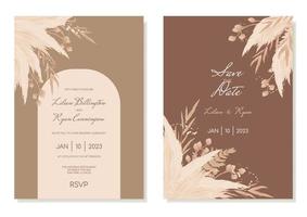 Boho wedding invitation template set with dried flowers and pampas in brown shades. Invitation cards in a watercolour modern style. Vector