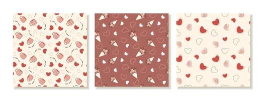 A set of seamless Valentine's Day patterns. Romantic patterns, backgrounds for social media and posts with bouquets, love mugs and hearts. Vector