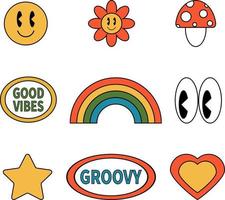 Retro 70s hippie groovy stickers, vector. vector