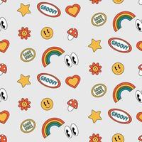 Retro 70s hippie groovy stickers, seamless pattern, vector. vector