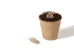 Coin and a peat pot for seedlings lying together, in a rural agricultural production company isolated over white. photo