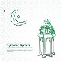 Green lantern in hand drawn design with crescent moon and transparent pattern background for ramadan vector