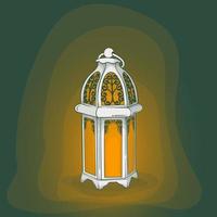 Ramadan kareem template with shining lantern in cartoon design and green background vector