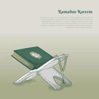 Ramadan kareem or eid template with Al-qur'an and prayer beads on folding table in cartoon design vector