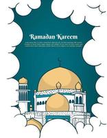 Ramadan kareem template with Mosque and cloud background in hand drawn design vector