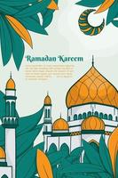 Mosque with green leaf in hand drawn design for ramadan kareem or eid template design vector