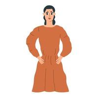 The girl in the dress put her hands on her hips. Vector illustration in a flat style.