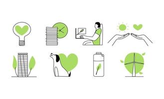 A set of conceptual icons on the theme of ESG. Sustainable environment green icons set with hands, windmill, energy, man vector