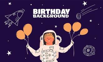 fondo espacial para un cumpleaños con un niño astronauta que sostiene globos en sus manos. ilustración vectorial vector