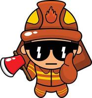 cartoon illustration of a cool firefighter mascot character with an ax with glasses and thumb vector