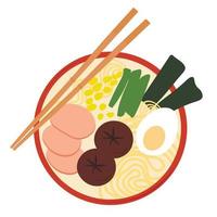 Ramen vector stock illustration. Delicious noodles. The national dish of Korea. Asia. Isolated on a white background. Chinese chopsticks. Hot soup.