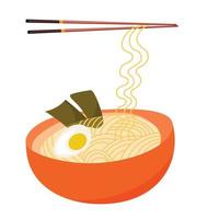 Ramen vector stock illustration. Delicious noodles. The national dish of Korea. Asia. Isolated on a white background. Chinese chopsticks. Hot soup.