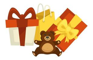 Plush bear and boxes with ribbons and bows vector